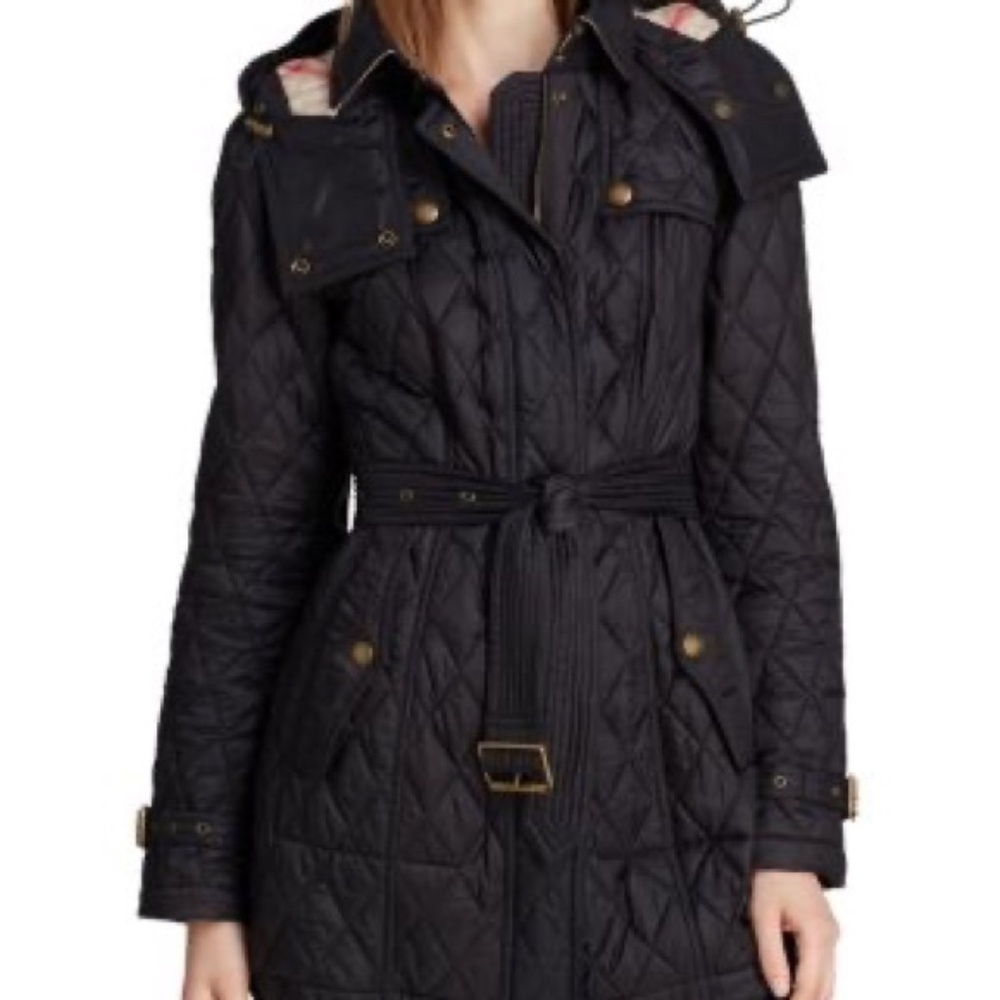 Burberry Black Trench Coat with Quilted Design and Detachable Hood